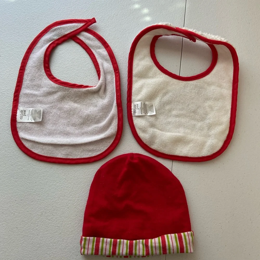 NWOT EUC Chick Pea baby first Christmas Santa plaid one size bibs hat bundle set